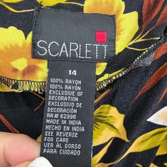 Vtg Scarlett Sleeveless Maxi Dress Womens 14 Black Yellow Hawaiian Floral Y2K - Picture 10 of 13